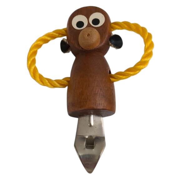 4 Wise Monkeys Wood Wine Set Stopper Corkscrew Bottle & Can Opener MCM Vintage - Picture 6 of 9